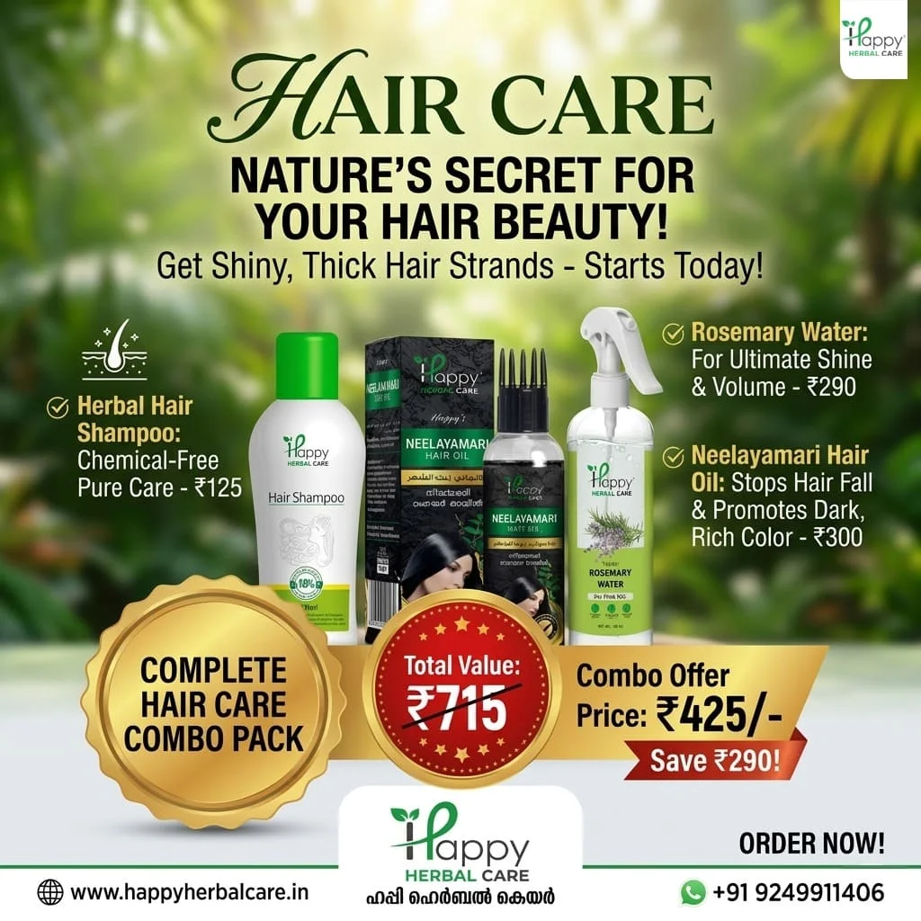 The combo includes Neelayamari Hair Oil, Rosemary Water, and Happy Herbal Shampoo, working together to cleanse the scalp, reduce hair fall, control dandruff, and improve hair texture. Regular use helps keep your hair soft, smooth, healthy, and naturally shiny.