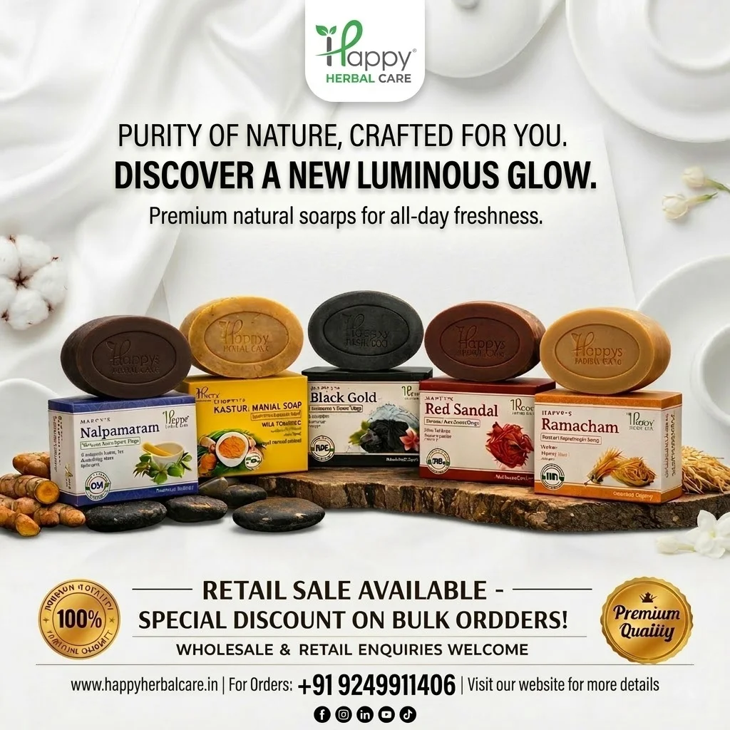 Discover the best soaps for glowing skin from Happy Herbal Care, including Papaya, Red Sandal, Kasturi Manjal, Aloe Vera, and Rose Petals soaps for naturally radiant skin.
